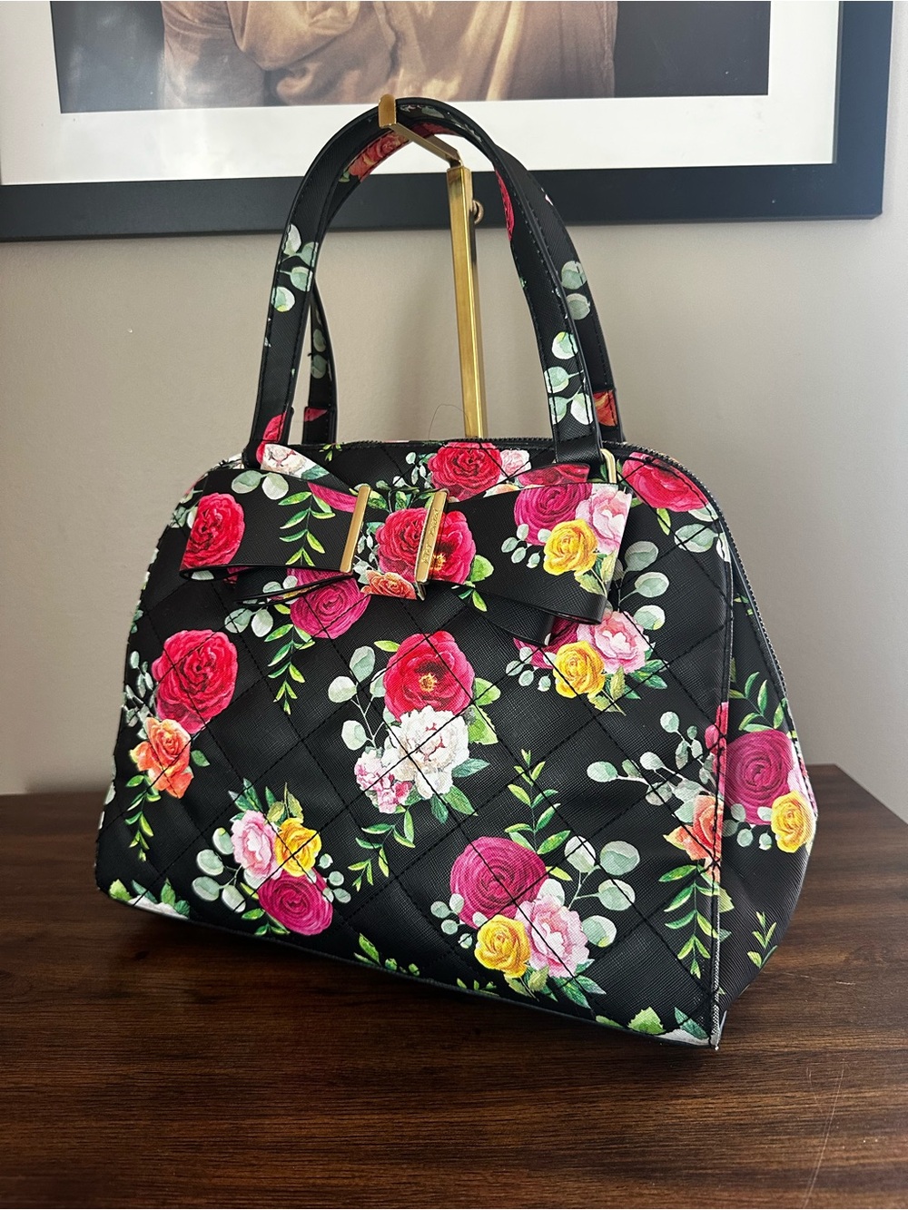 Betsey Johnson Black Floral Dome Bow Satchel